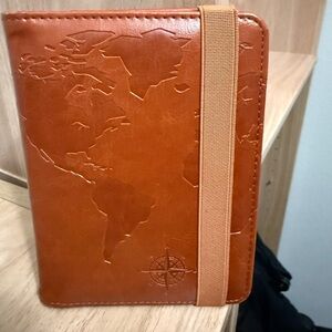 Tan Travel Passport Cover with Elastic Strap and Embossed World Map